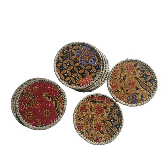 Handwoven Fabric Batik & Bamboo Coasters Set of 12 Vibrant Patterns Unique - Picture 5 of 10